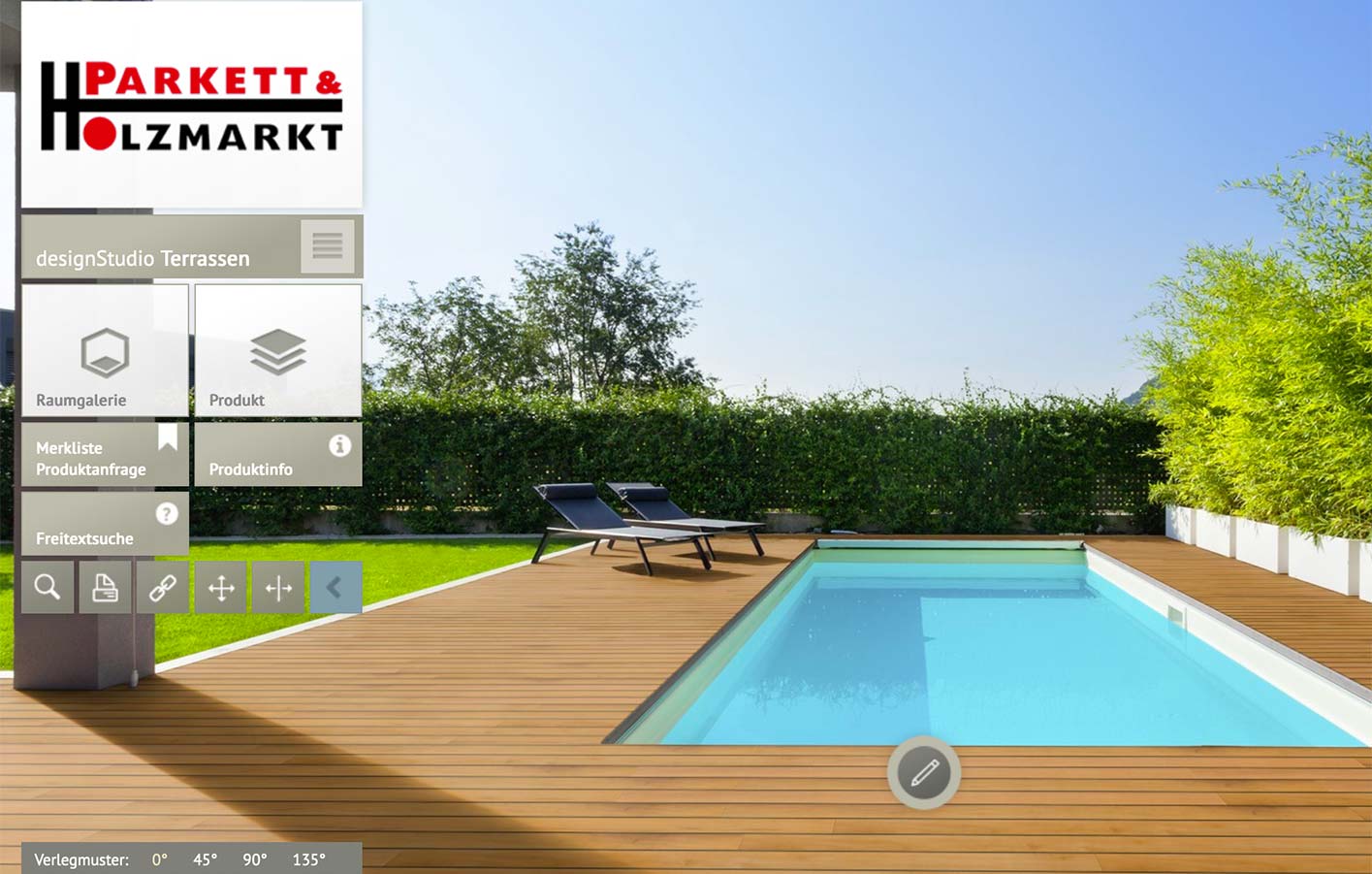 Pool mit einer großen Holzterrasse. Gestalten Sie Ihre neue Terrasse mit dem Online Planer.